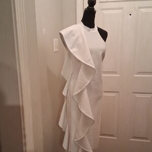 Fashion Nova White Asymmetrical Ruffle Dress